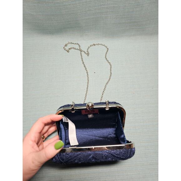 Free People Chi Chi London Navy Blue Embroidered Clutch Purse Metal NWOT - Picture 4 of 5